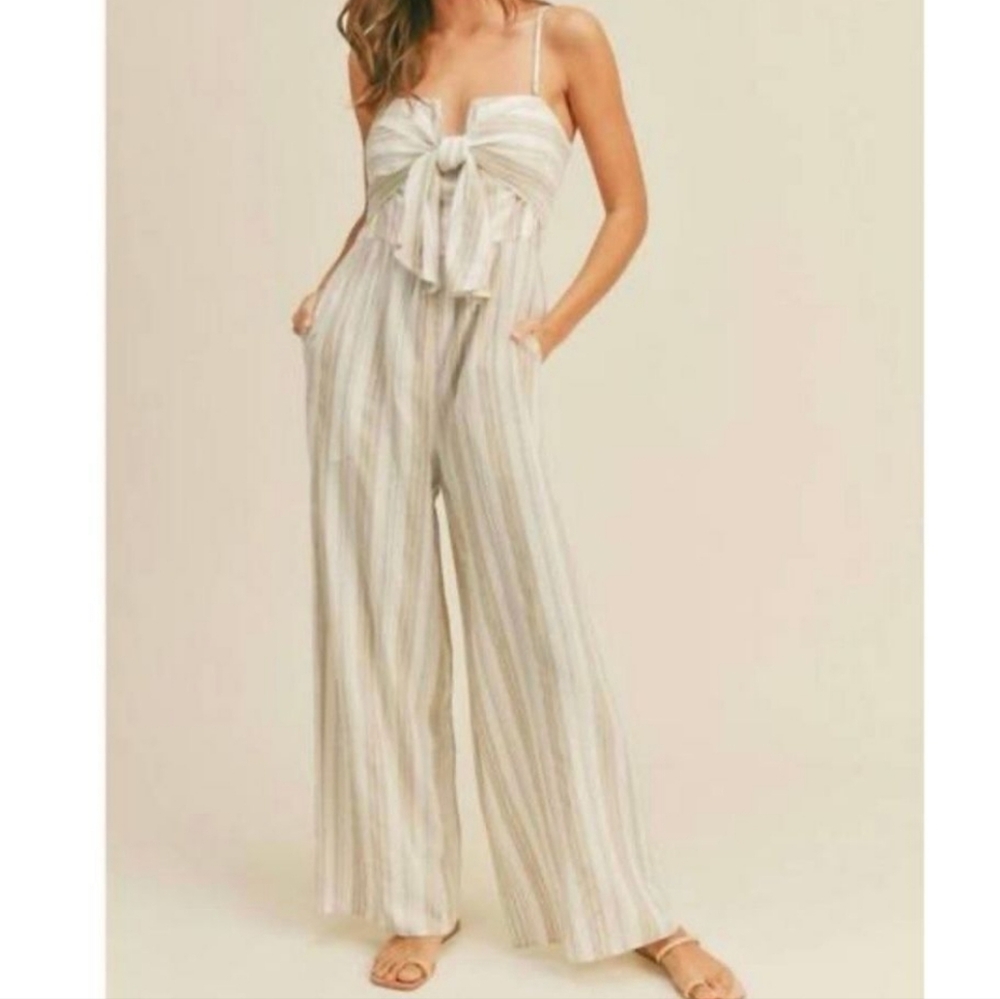 Miou Muse sailor striped tie front jumpsuit in beige size small